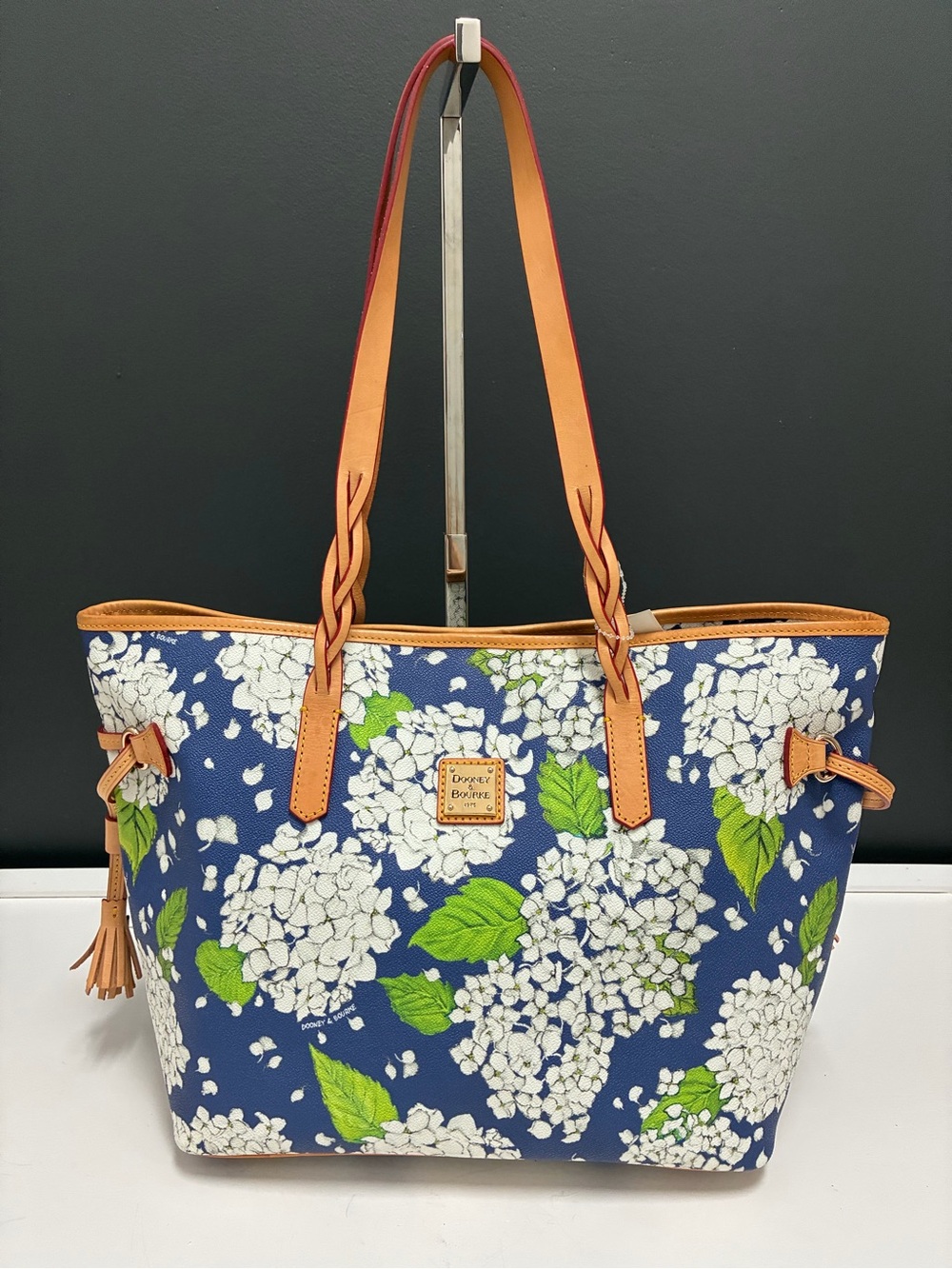 Dooney & Bourke Blue Floral Hydrangea Tote with Leather Trim